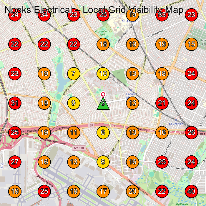 Nooks Electrical GeoGrid visibility map for Electrical Installation Service in Great Neck